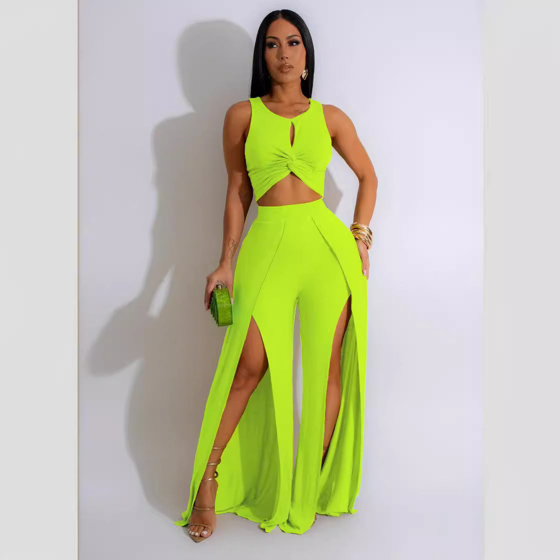 Wear Suit Split Vest Wide Leg Pants Two Piece Set