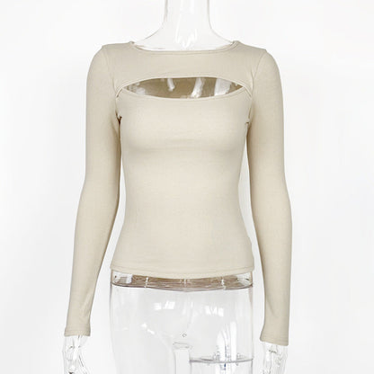 Clothing Autumn Winter Chest Hollow-out Long-sleeved Top Stretch Rib T-shirt for