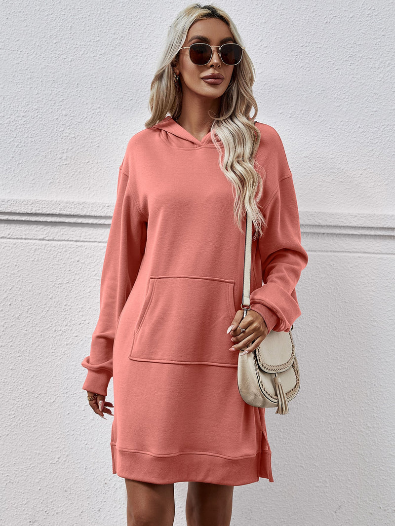 Autumn Winter Clothing Hooded Long Sleeve Kangaroo Pocket Split Long Sweater Dress