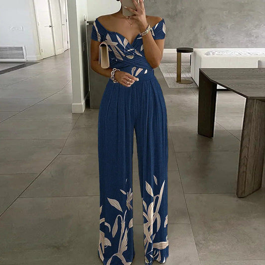 Spring Autumn Clothing Off Shoulder Printing Office Printed Waist Controlled Jumpsuit