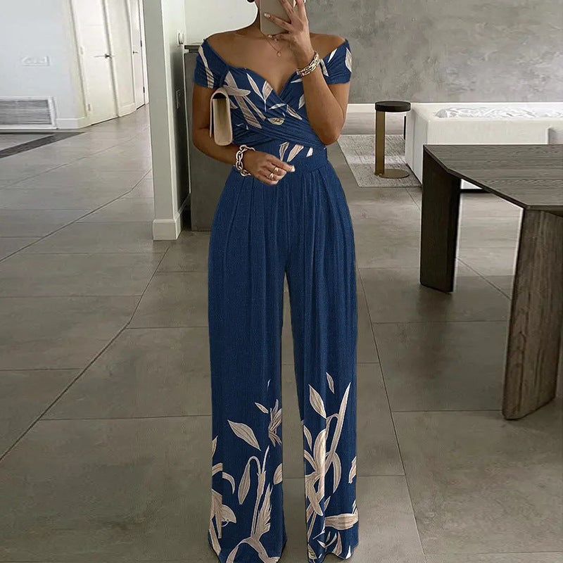 Spring Autumn Clothing Off Shoulder Printing Office Printed Waist Controlled Jumpsuit