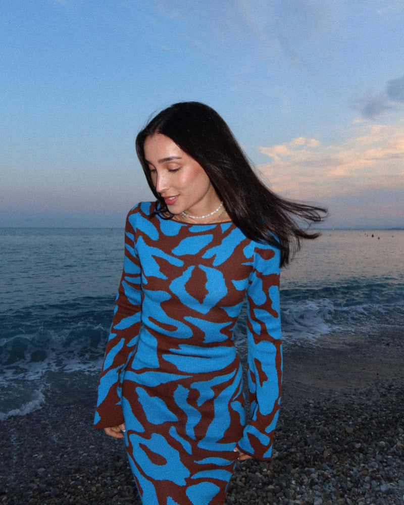 Autumn Winter Clothing Autumn Crew Neck Bell Sleeve Vertical Sesame Bottom Jacquard Slim Maxi Dress