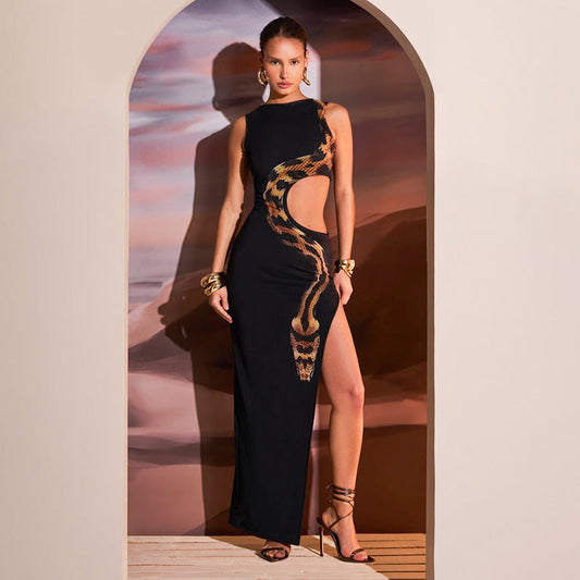 Summer Side Waist Hollow Out Cutout Python Print Slim Fit Slit Maxi Dress