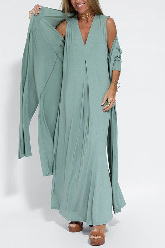 Color Pullover V Neck Dress Cardigan Coat Set