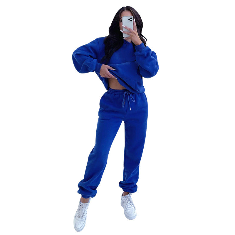 Autumn Winter Color Long Sleeve Hooded Fleece Lined Sweater Trousers Sets