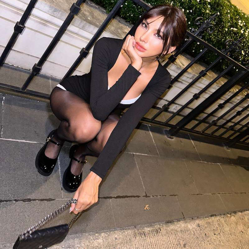 Autumn Winter Clothing Low Cut Color Contrast Base Knitting Jumpsuit