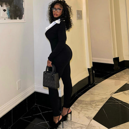 Clothing Tight Slimming Long Jumpsuit Long Sleeve Zipper White U Shaped Collar Jumpsuit