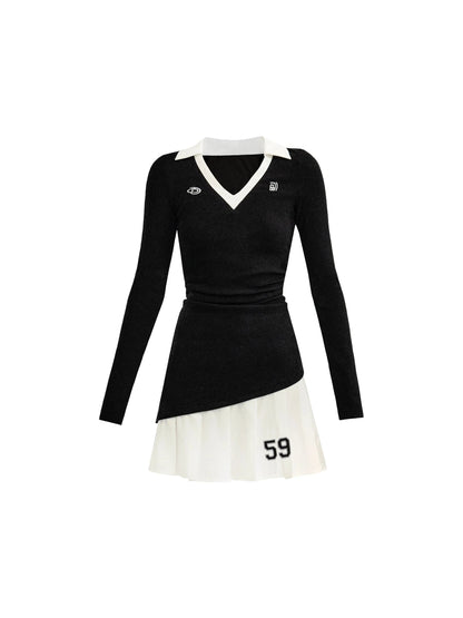 Preppy V-neck Tennis Dress With Pleated Skirt