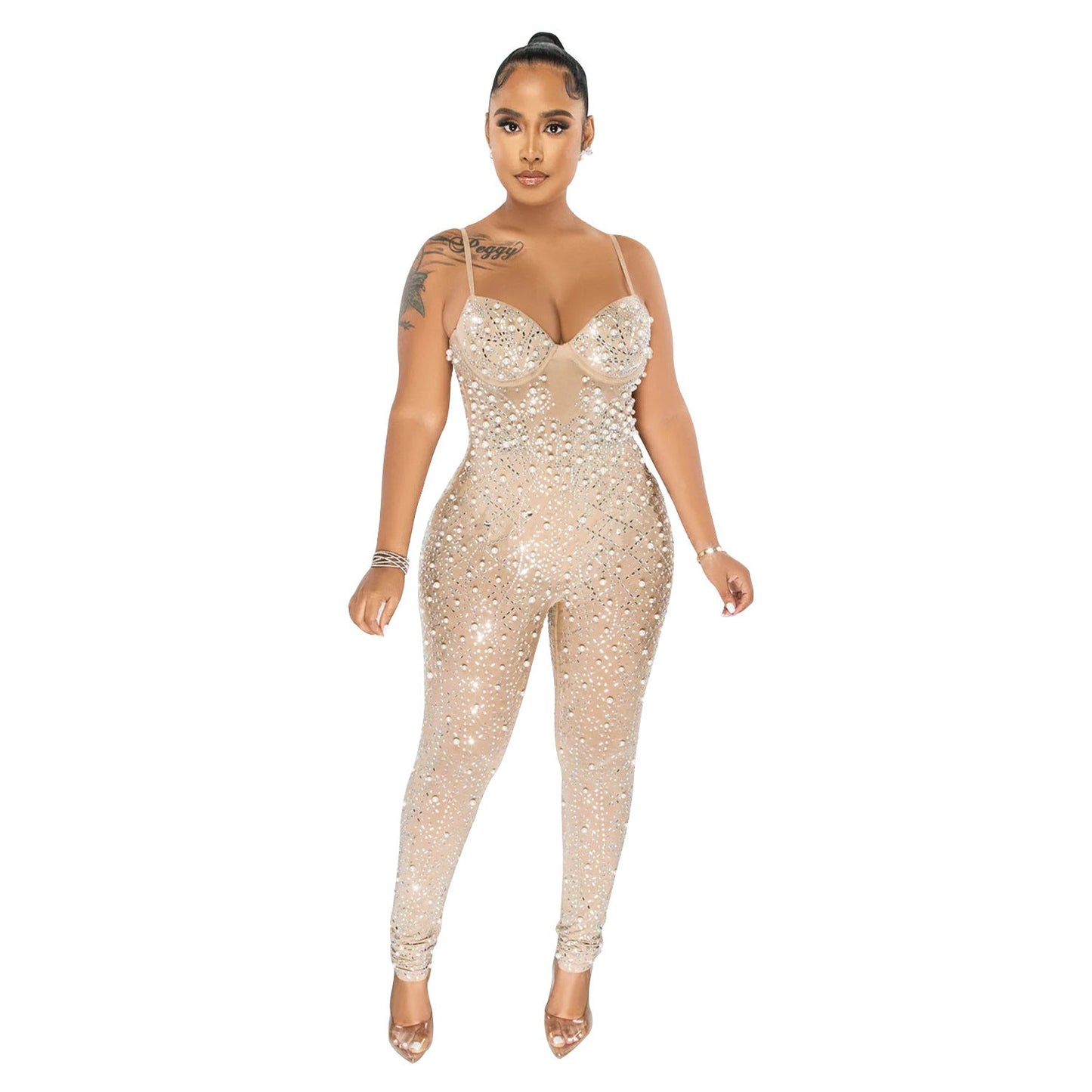 Wear Color Mesh Rhinestone Sleeveless Trousers Jumpsuit