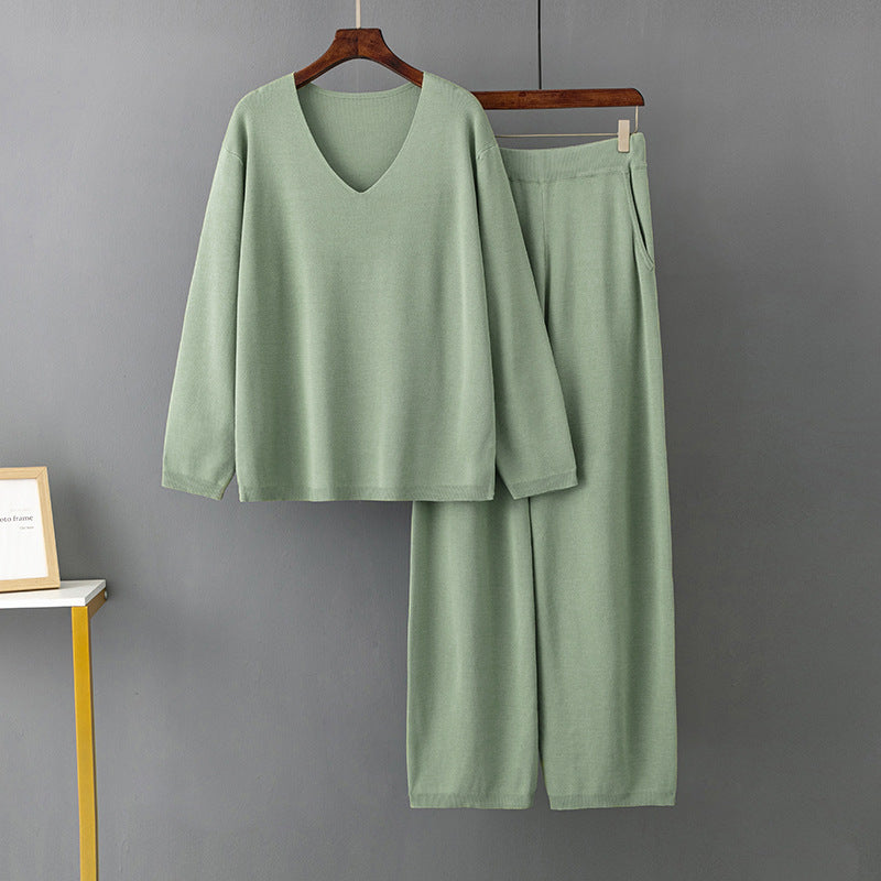 Color V Neck Ice Silk Suit Spring Autumn Loose High Waist Two Piece Sweater