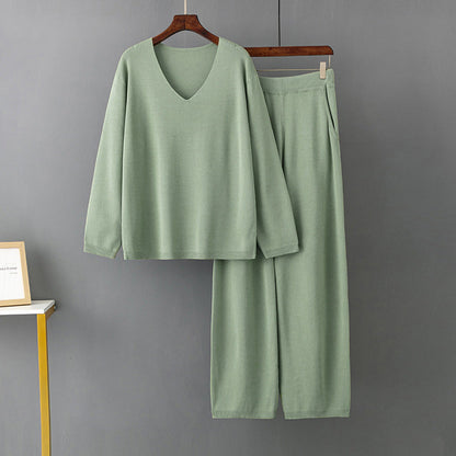 Color V Neck Ice Silk Suit Spring Autumn Loose High Waist Two Piece Sweater