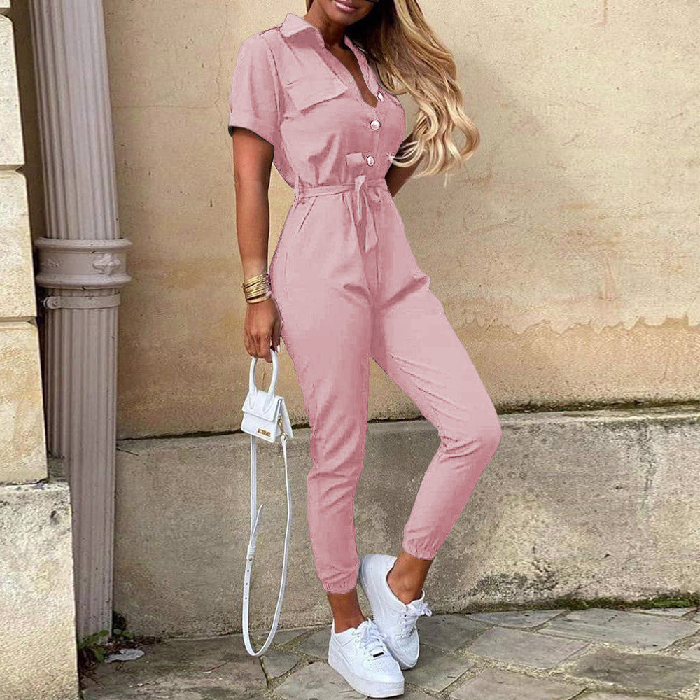 Clothing Trousers Collared Button Printed Belt Cargo Overalls