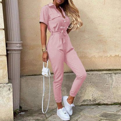 Clothing Trousers Collared Button Printed Belt Cargo Overalls