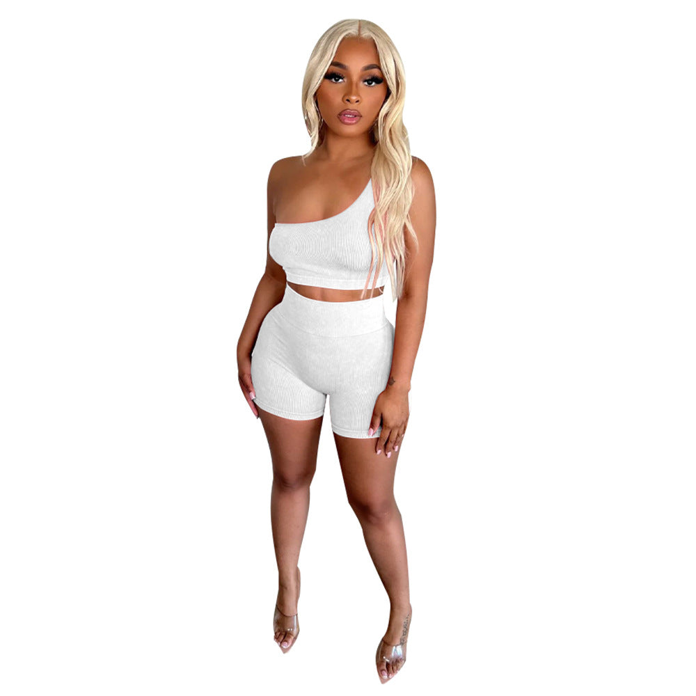 Popular Diagonal Collar Sleeveless High Waist Shorts Sports Suit