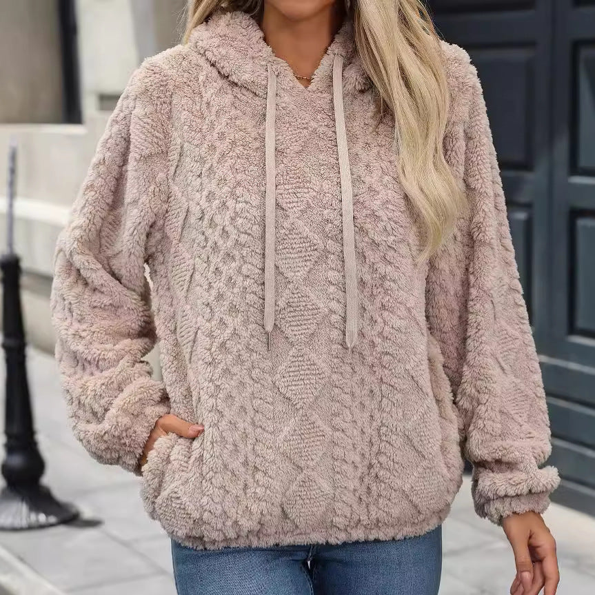 Autumn Winter Clothing Plush Jacquard Fabric Long Sleeve Loose Hooded Pullover Sweatshirt