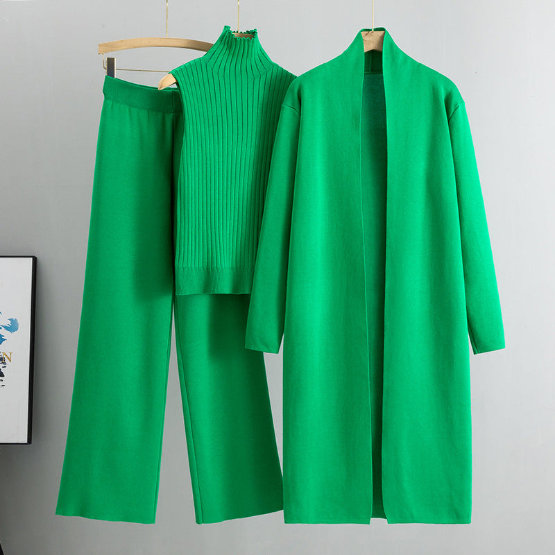 Spring Loose Knitting Suit Long Shawl Cardigan Turtleneck Vest Wide Leg Pants Three Piece Set