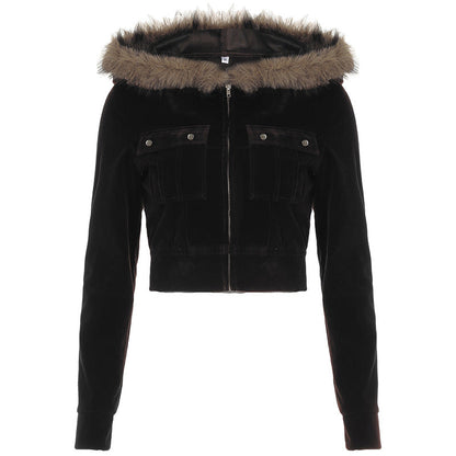 Fur Stitching Hooded Zip Cardigan Pocket Design Jacket Autumn Winter Color Velvet Coat