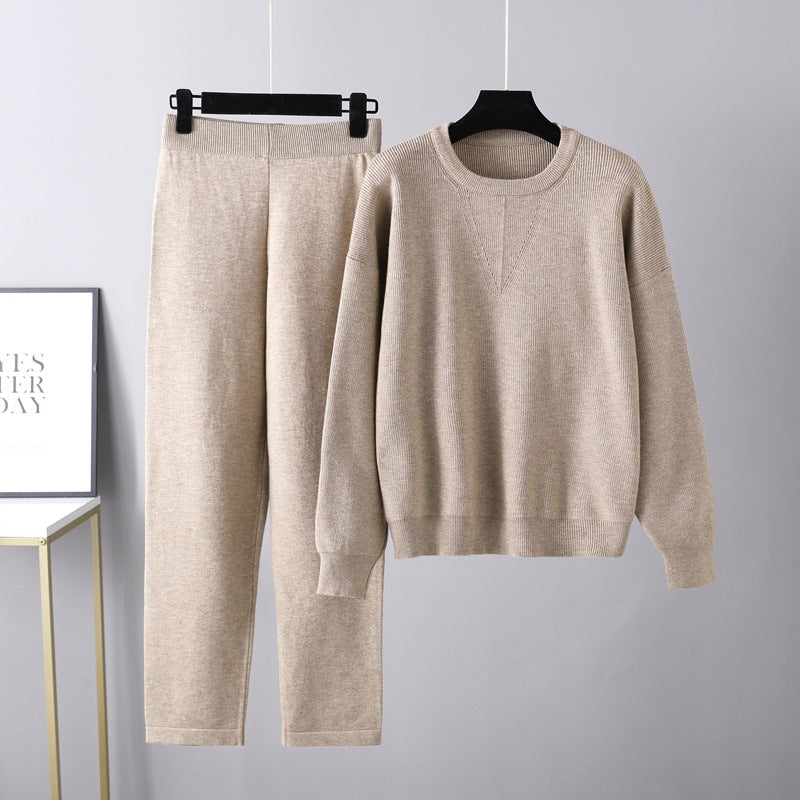 Autumn Winter Loose Sweater Two Piece Set Color Knitting Suit