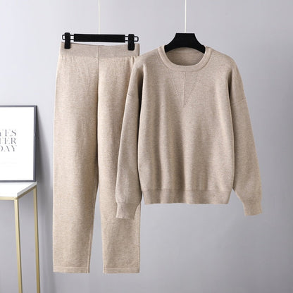 Autumn Winter Loose Sweater Two Piece Set Color Knitting Suit