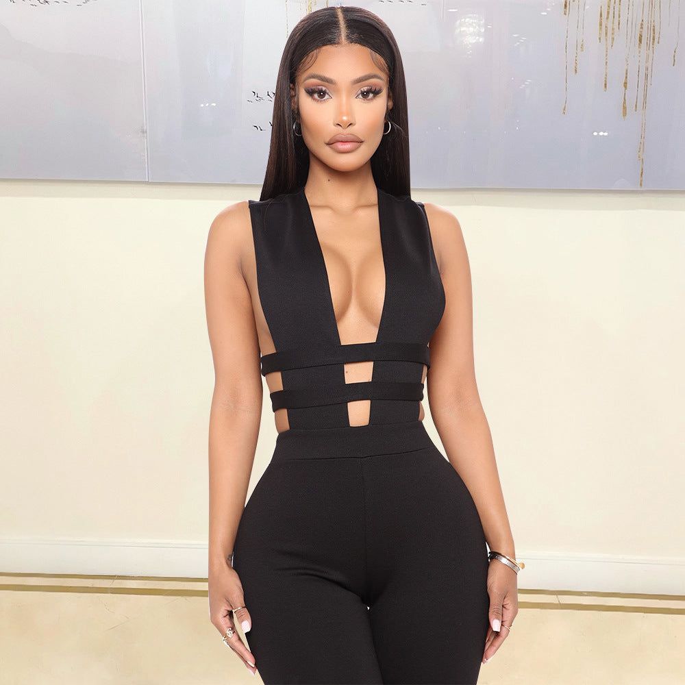 Autumn Winter Clothing Hollowed Out Stitching V Neck Sleeveless Tight Jumpsuit