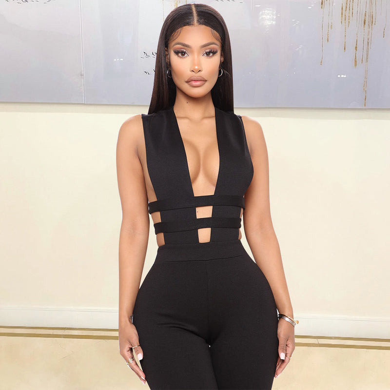 Autumn Winter Clothing Hollowed Out Stitching V Neck Sleeveless Tight Jumpsuit