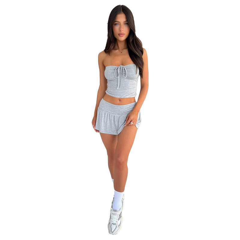 Clothing Tube Top Pleating Double Layer Pantskirt Two Piece Set