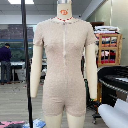 Jumpsuit Short Sleeve Knitted Slim Fit Zipper Hip