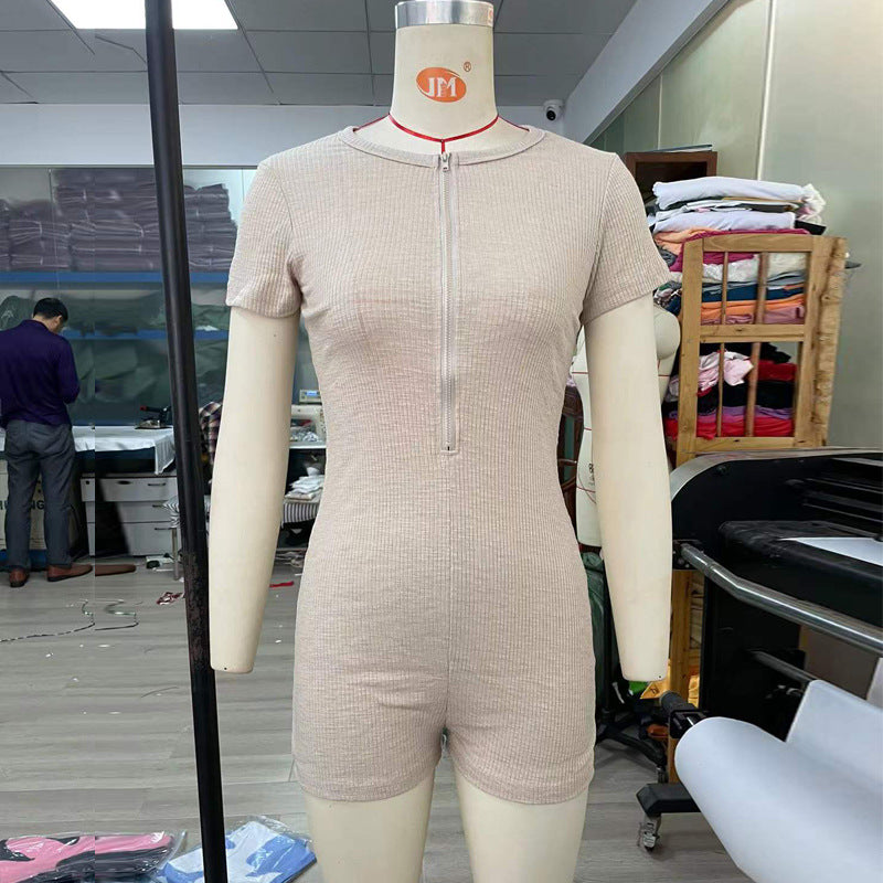 Jumpsuit Short Sleeve Knitted Slim Fit Zipper Hip