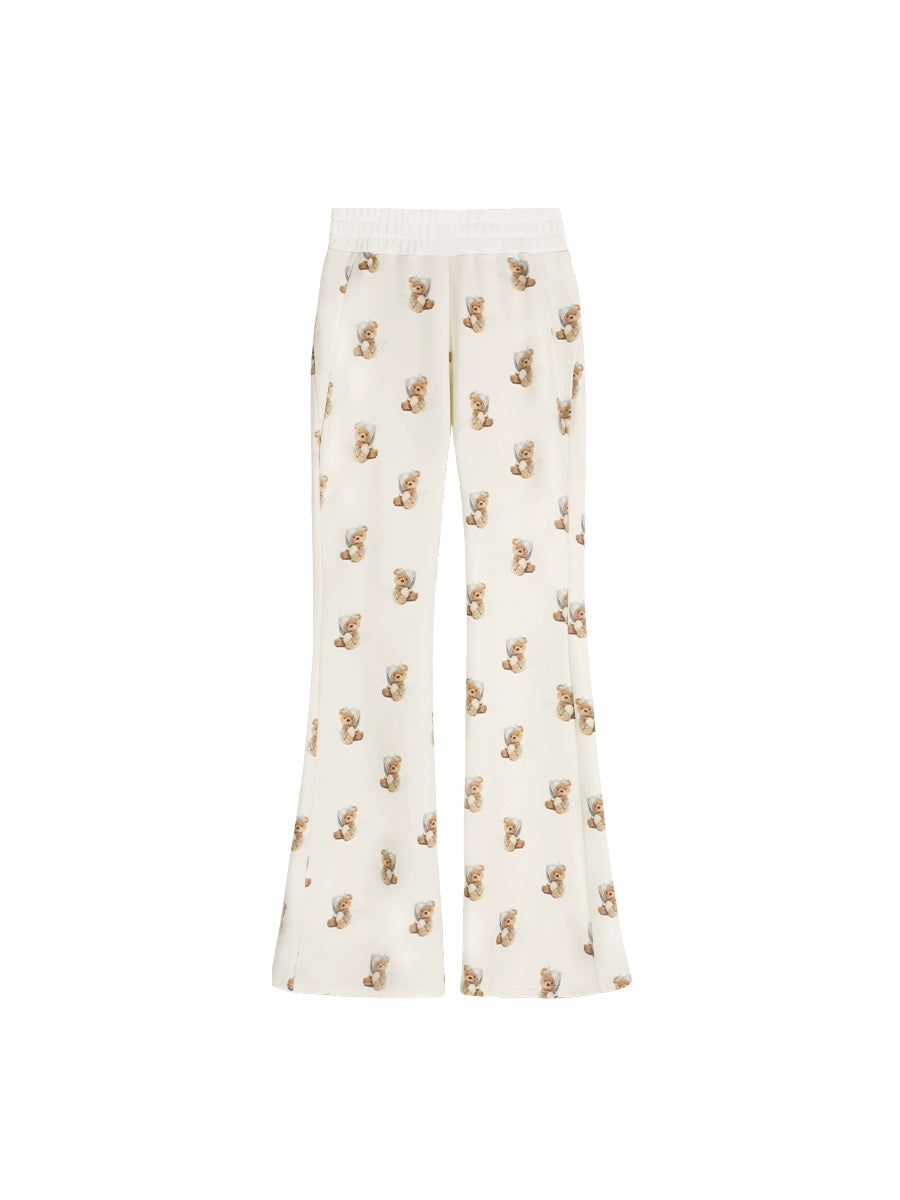 Bear Print Pants With Subtle Flare Leg