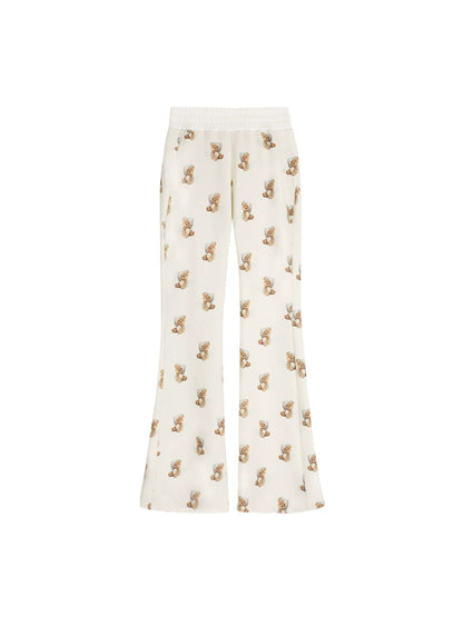 Bear Print Pants With Subtle Flare Leg
