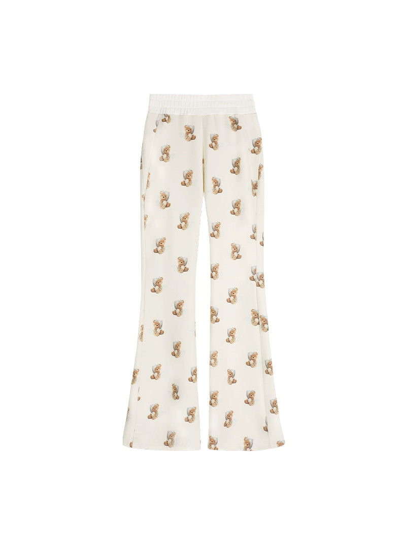 Bear Print Pants With Subtle Flare Leg