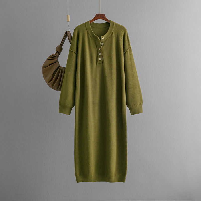 Autumn Winter Button Knitwear Dress Color Loose Sweater