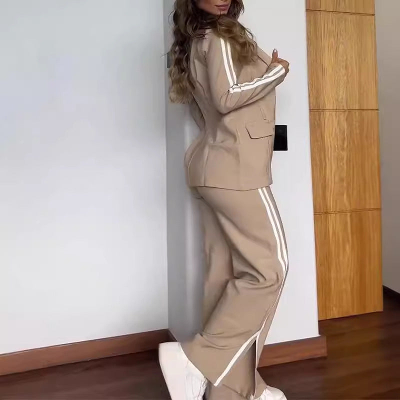Autumn Winter Polo Collar Suit Wide Leg Pants Two Piece Suit