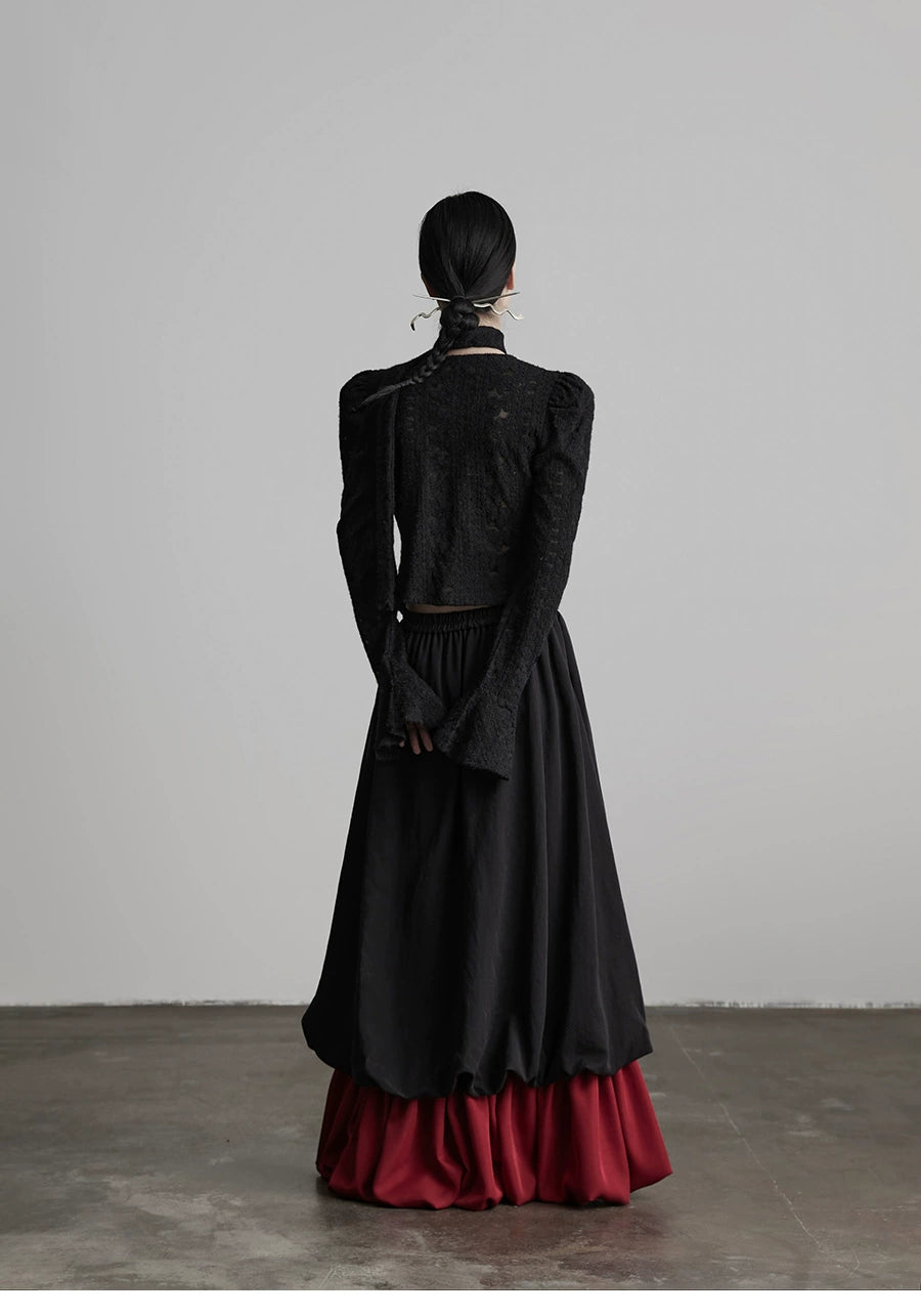 Black Patchwork Faux Two-piece A-line Skirt
