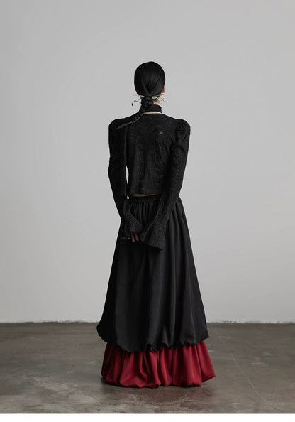 Black Patchwork Faux Two-piece A-line Skirt
