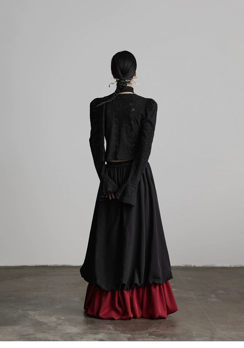 Black Patchwork Faux Two-piece A-line Skirt
