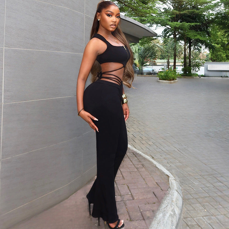 Black Sleeveless Top High Waist Bandage Tight Sport Pants Set