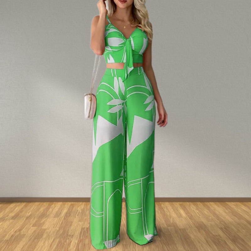 Clothing Summer Tube Top Lace Up Loose Wide Leg Pants Printing Set
