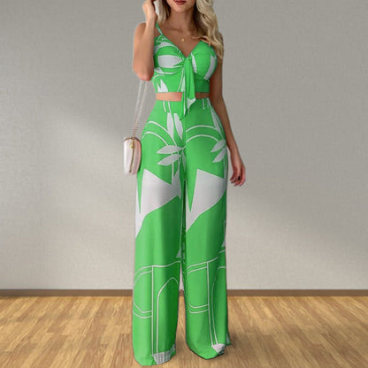 Clothing Summer Tube Top Lace Up Loose Wide Leg Pants Printing Set