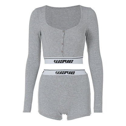 Clothing Tight Long Sleeves Cropped Shirt Top High Waist Shorts Sports Two Piece Seit