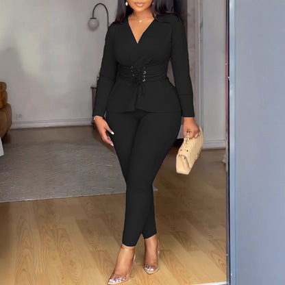 Color V Neck Waist Tight Stretch Long Sleeve Blouse Two Piece Pants Sets
