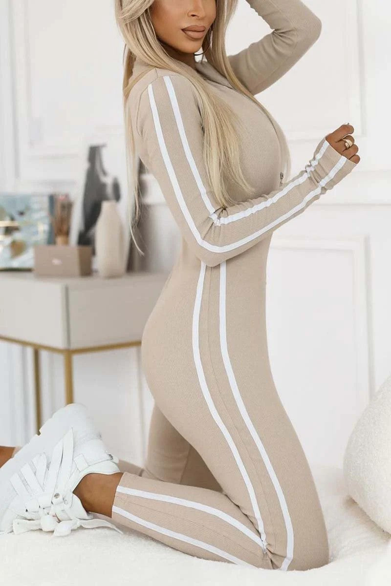 Autumn Winter Slim Striped Half Zipper Jumpsuit