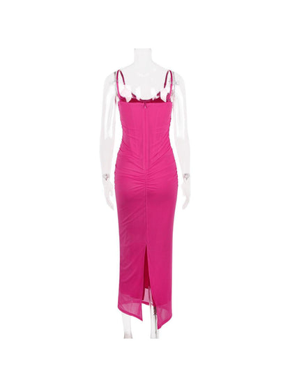Boning Corset Mesh Lace Stitching Split Maxi Dress