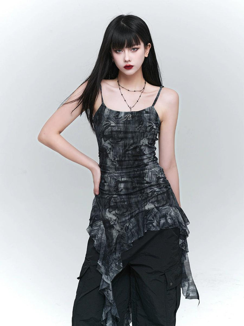 Ladyghost Grunge Fairy Asymmetrical Cami Dress - Tie-dye Ruched Mini Dress With Ruffle Hem