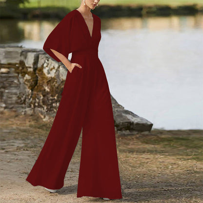 Winter Dress Jumpsuit Deep V Plunge High Waist Wide Leg Trousers