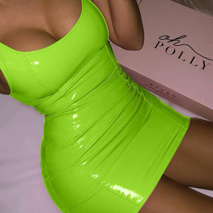Metallic Coated Fabric Faux Leather Color Sling Dress Tight Leather Sleeveless Leather Hip