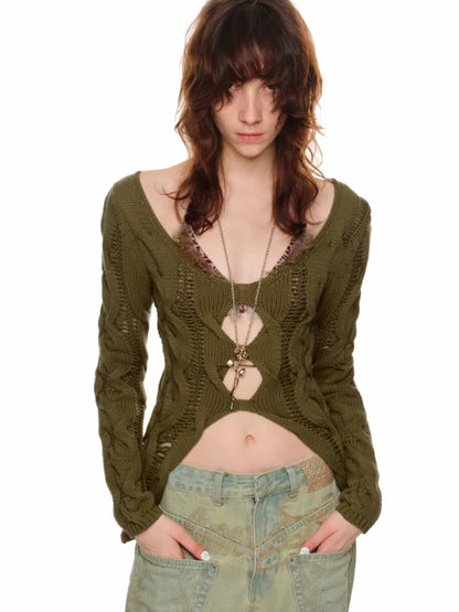 Slim Distressed Cable Knit Sweater
