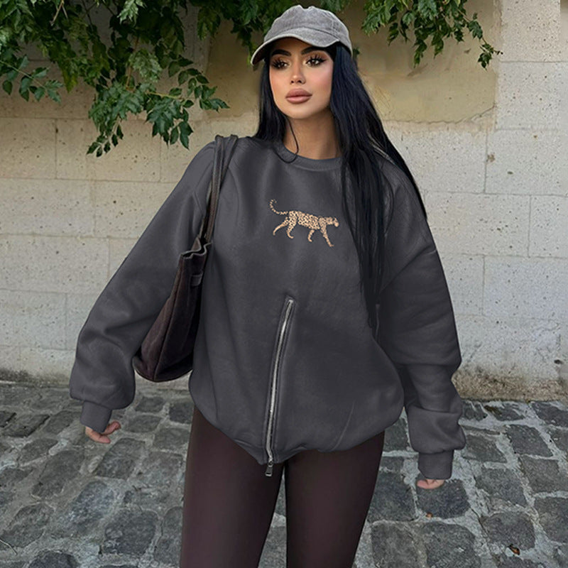 Clothing Winter Round Neck Zipper Leopard Print Long Sleeve Loose Fitting Pullover Coat