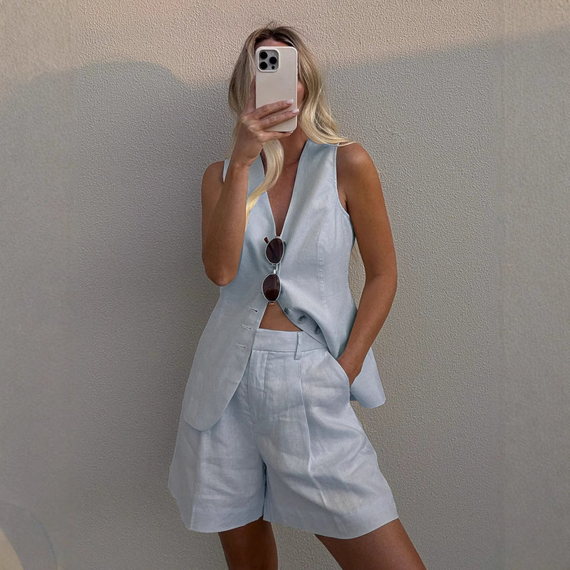 Cotton Linen Vest Shorts Set Summer Office Vest Shorts Set