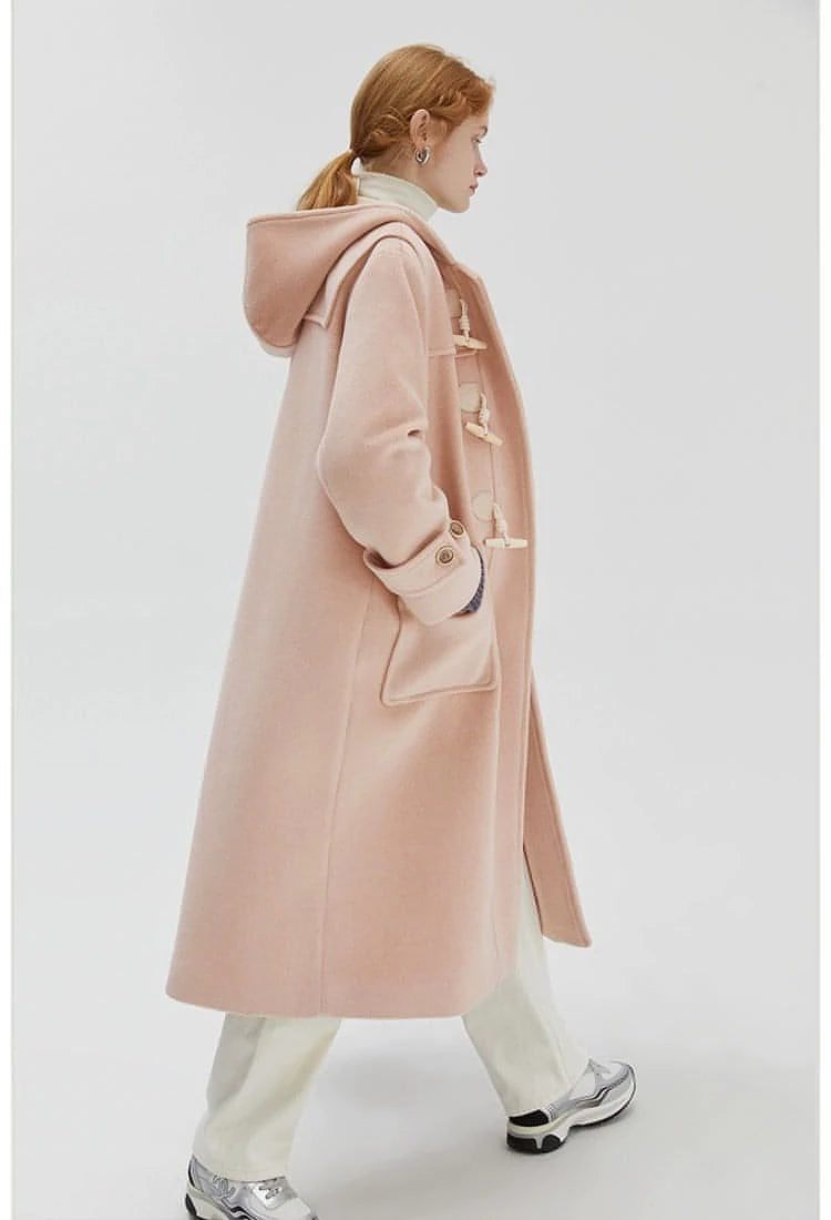 Winter Thicken College Style Hooded Mid-length Melton Wool Coat